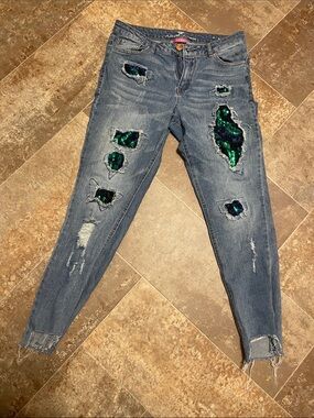 Hot Topic Blue Skinny Jeans with Green Sequin Patches
